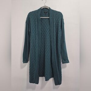 Talbots Chunky Knit Bobbles Long Open Cardigan Sweater Dark Green Teal Small